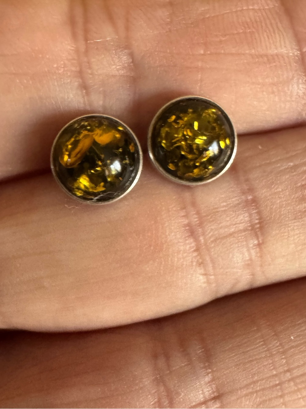 Green Amber silver stud earrings